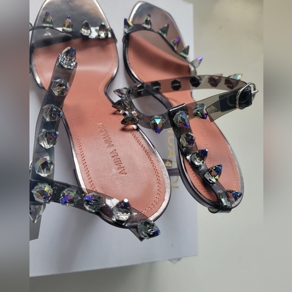 Amina Muaddi Julia Glass Crystal-Spike Clear Sandals Size 9B Dark Grey - Picture 3 of 13